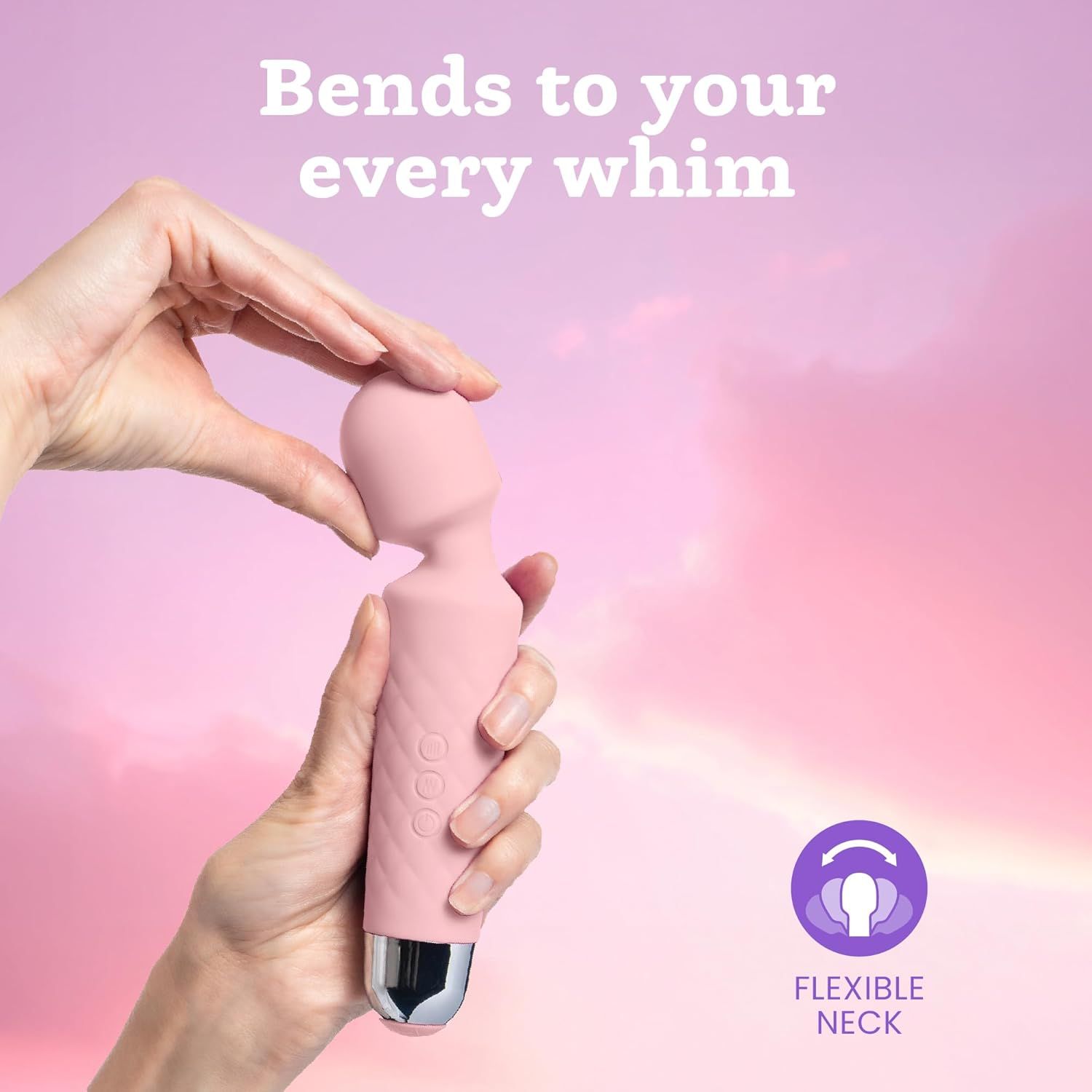 Handen buigen de flexibele nek van een pastelroze vibrator. Kenmerk: flexibele nek.