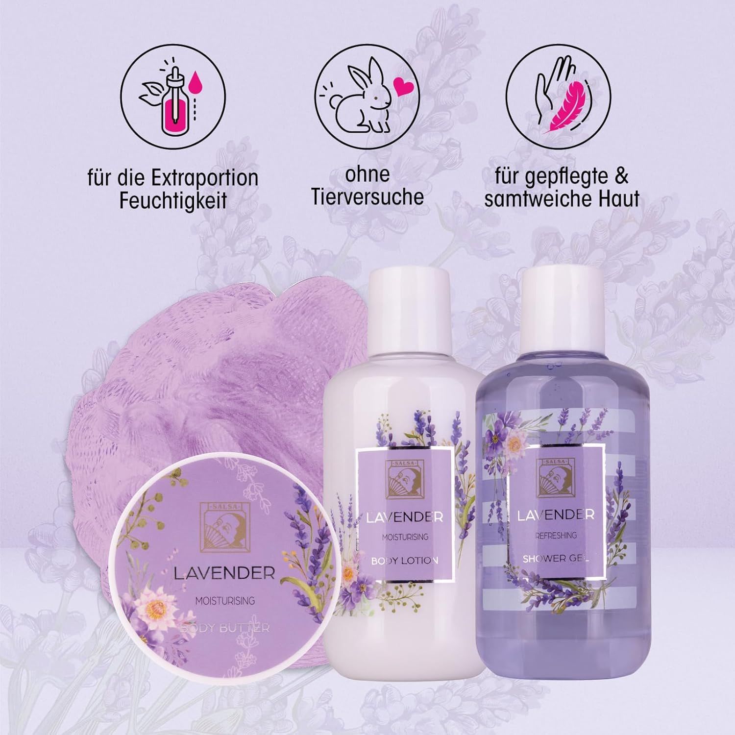 Ensemble de douche à la lavande avec gel douche, lotion pour le corps et crème. Contient également une éponge. Sans cruauté.