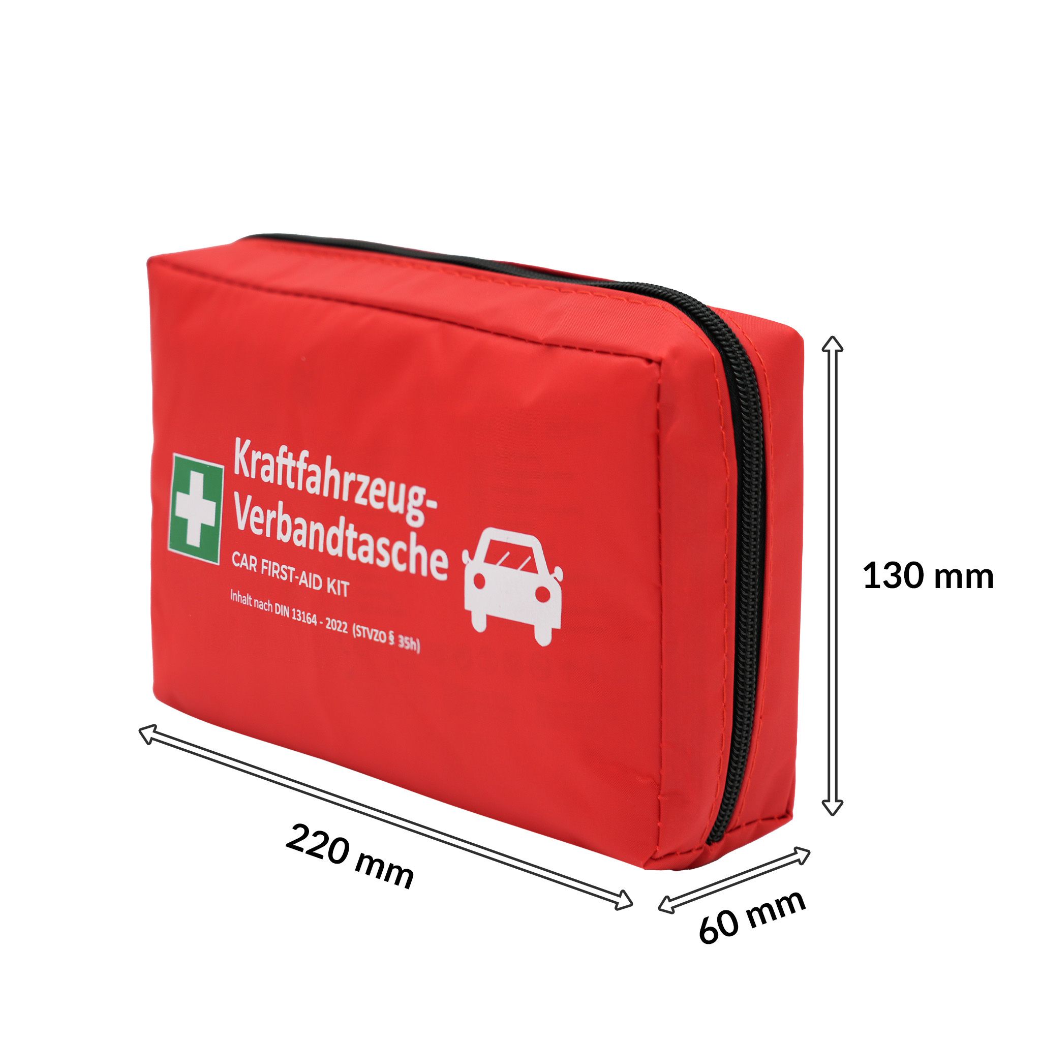 Trousse de premiers secours rouge avec impression et fermeture éclair. Dimensions : 220x130x60 mm. Croix verte et voiture.