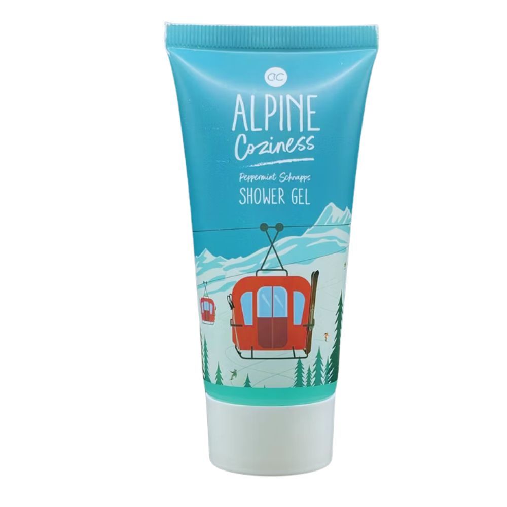 Turquoise tube douchegel. Opdruk: kabelbaan, bergen, tekst Alpine Coziness en Shower Gel.