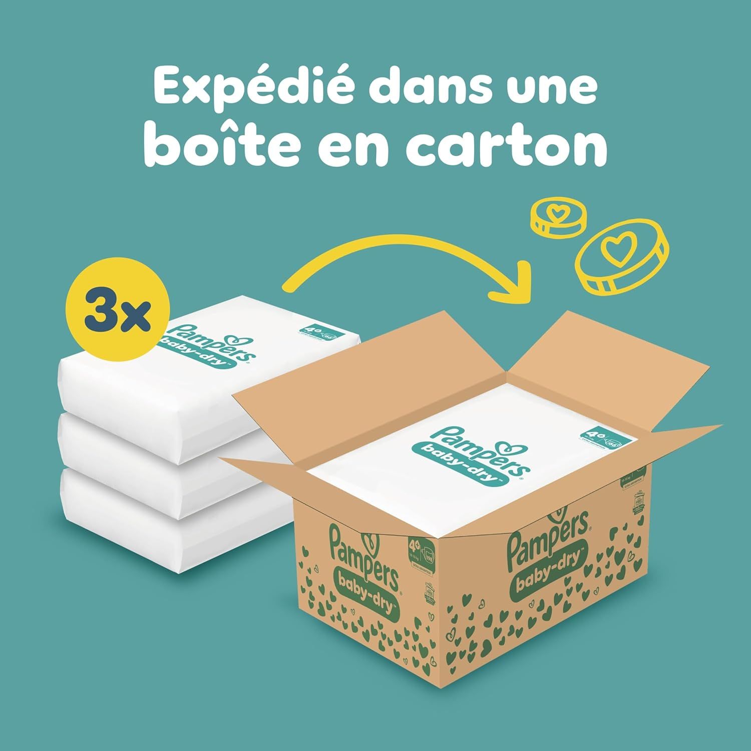 Packs de couches Pampers Baby-Dry emballés dans une boîte en carton. "Expédié dans une boîte en carton".