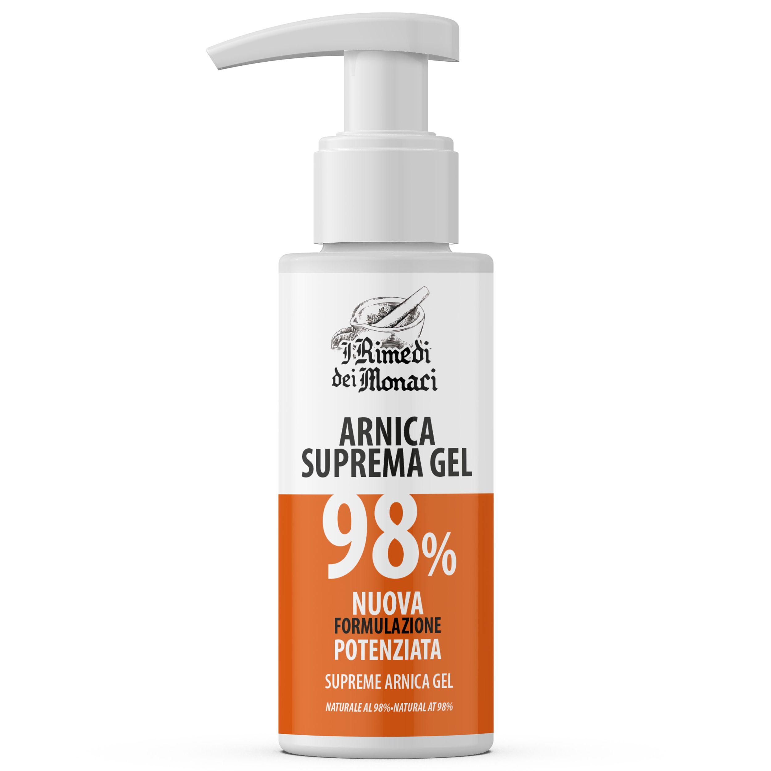 Arnica Supreme Gel 98%. Witte fles met doseerpomp. Tekst: Nieuwe formulering, Supreme Arnica Gel, 98% natuurlijk.