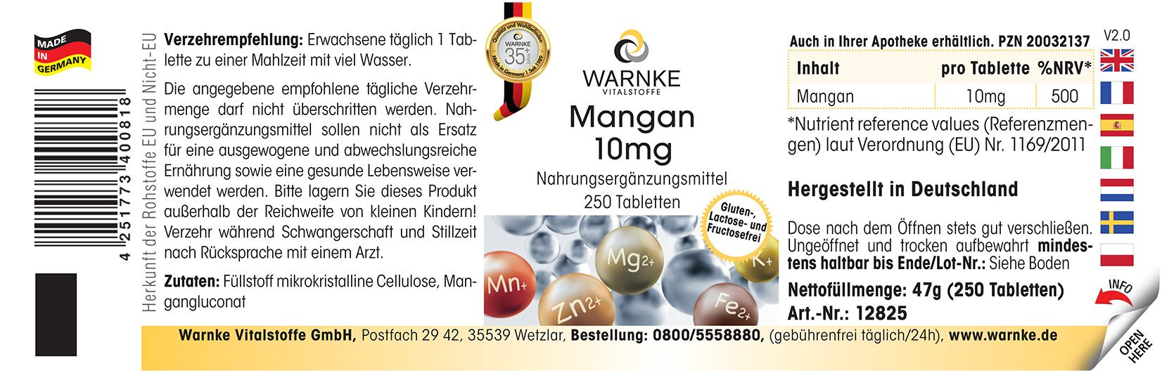 Étiquette avec texte : Mangan 10mg, 250 comprimés. Logo Warnke Vitalstoffe. Fabriqué en Allemagne. Ingrédients et informations nutritionnelles.