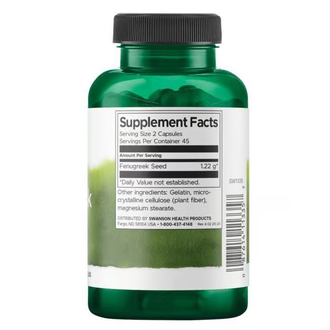 Dos de la bouteille verte. Inscription: Supplement Facts, Graines de fenugrec, 1,22 g, ingrédients, 45 portions.
