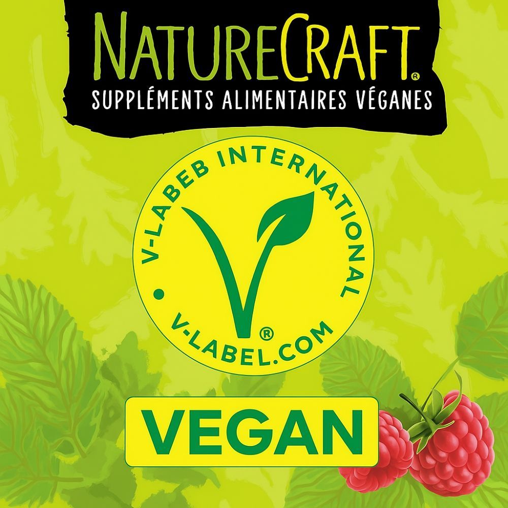 Logo de NatureCraft. Texte : Compléments alimentaires. V-Label Vegan. Framboises.