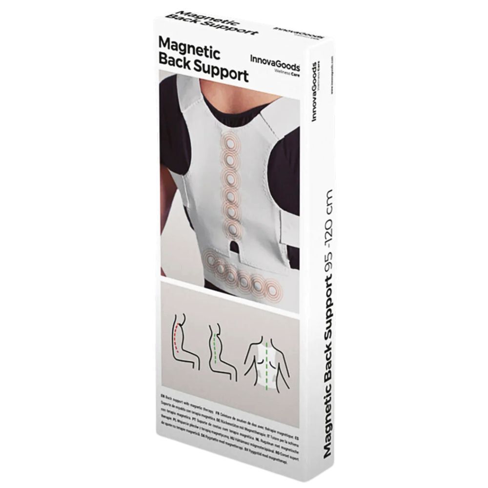 Verpakking van magnetische rugcorrector. Tekst: Magnetic Back Support, InnovaGoods. Illustraties van houding. Maat: 95-120 cm.