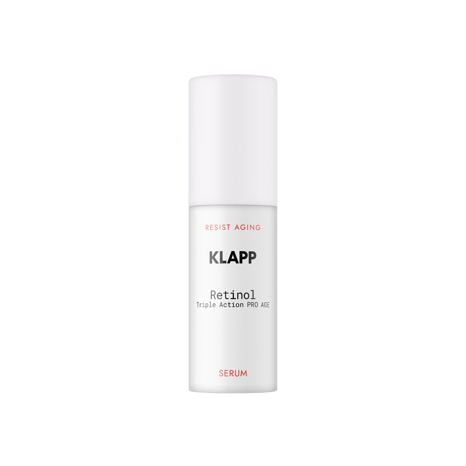 Flacon blanc avec texte : KLAPP, Resist Aging, Retinol Triple Action Pro Age Serum.