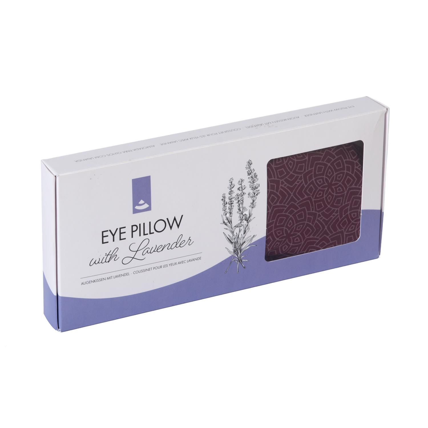 Verpakking met oogkussen. Tekst: 'Eye Pillow with Lavender'.