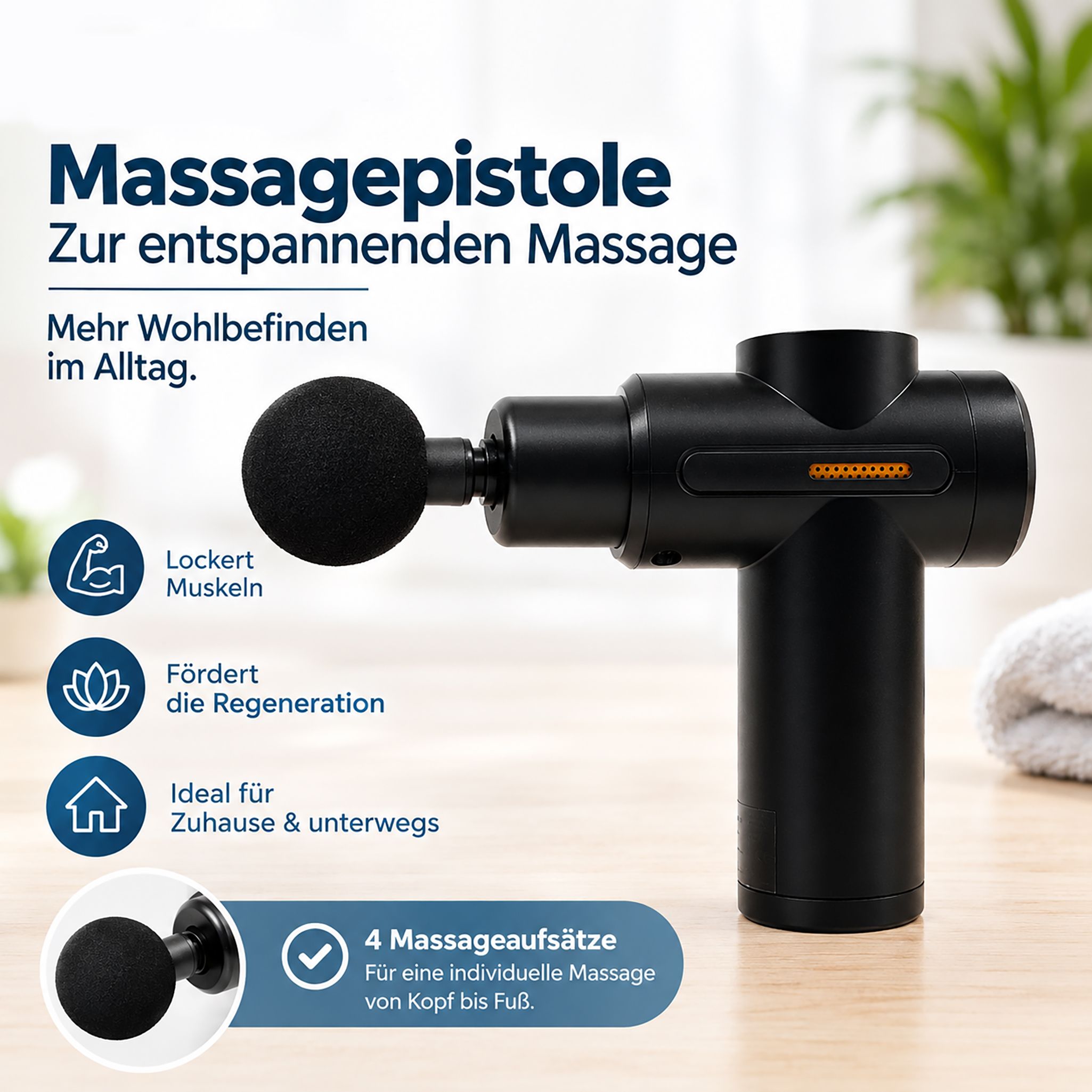 Pistolet de massage noir avec tête de massage ronde et indicateur de charge.