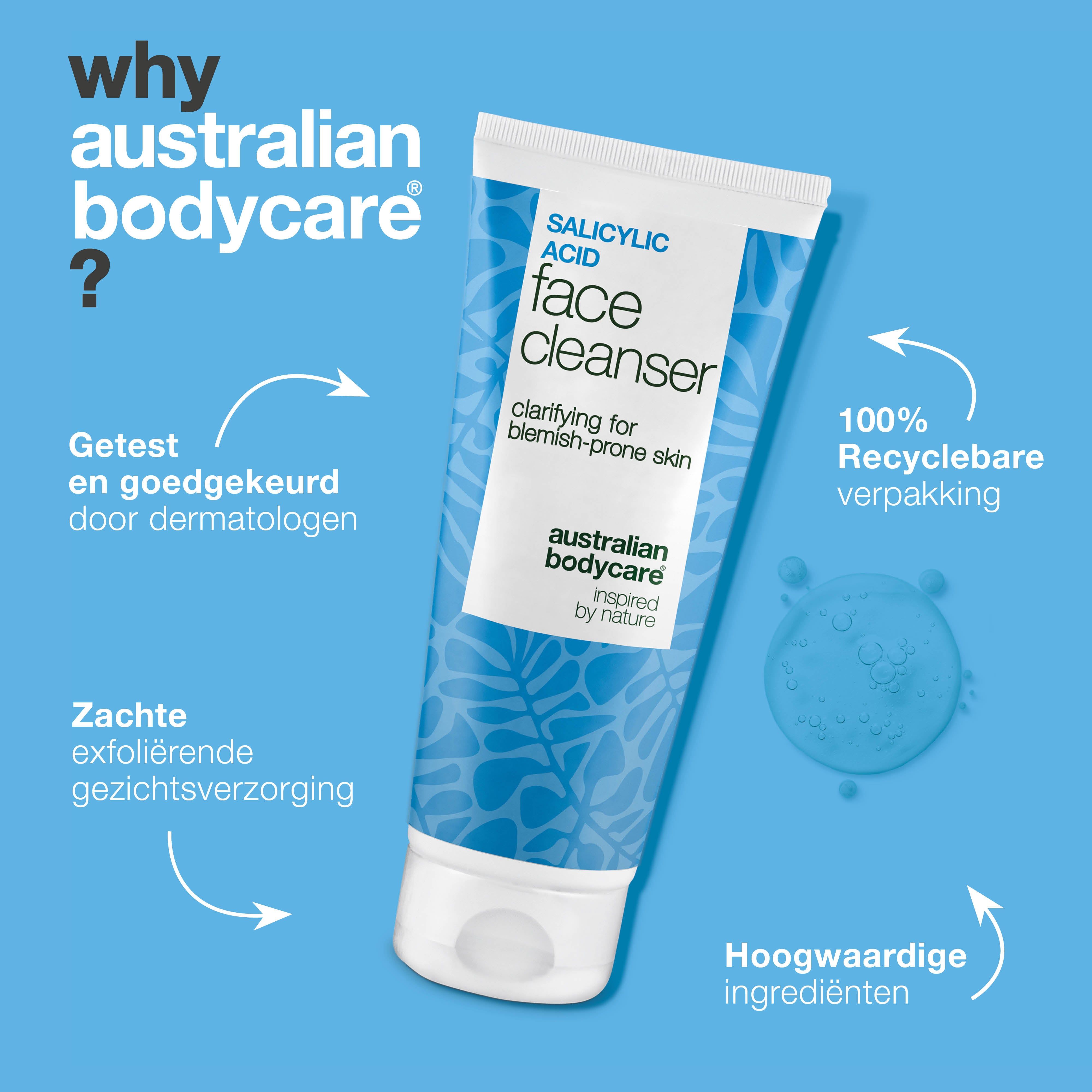 Tube "Salicylic Acid Face Cleanser". Tekst: Getest, 100% recyclebaar, etc. Merk: Australian Bodycare.