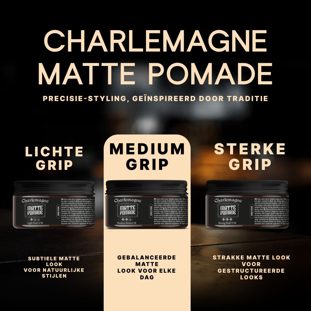 Drie potjes "Charlemagne Original Pomade" met verschillende gripsterktes.