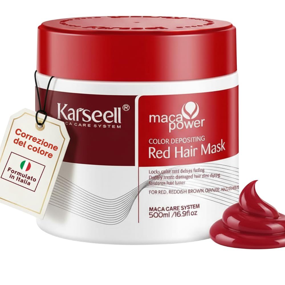 Rood haarmasker in witte pot met rood deksel. Merk: Karseeell. Inhoud: 500ml.
