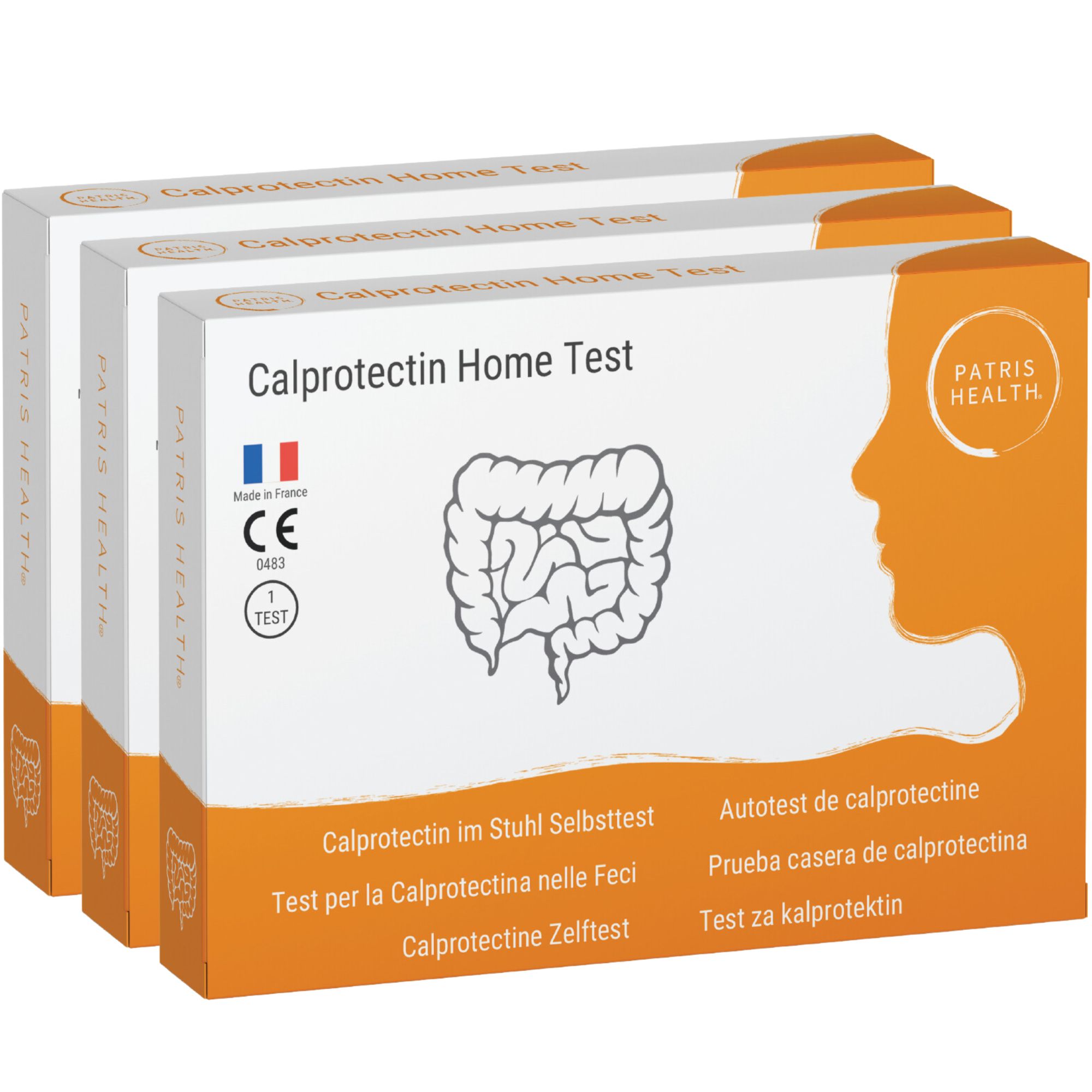 Drie verpakkingen Calprotectine Home Test. Verpakking met productnaam, logo, CE-markering, Made in France.