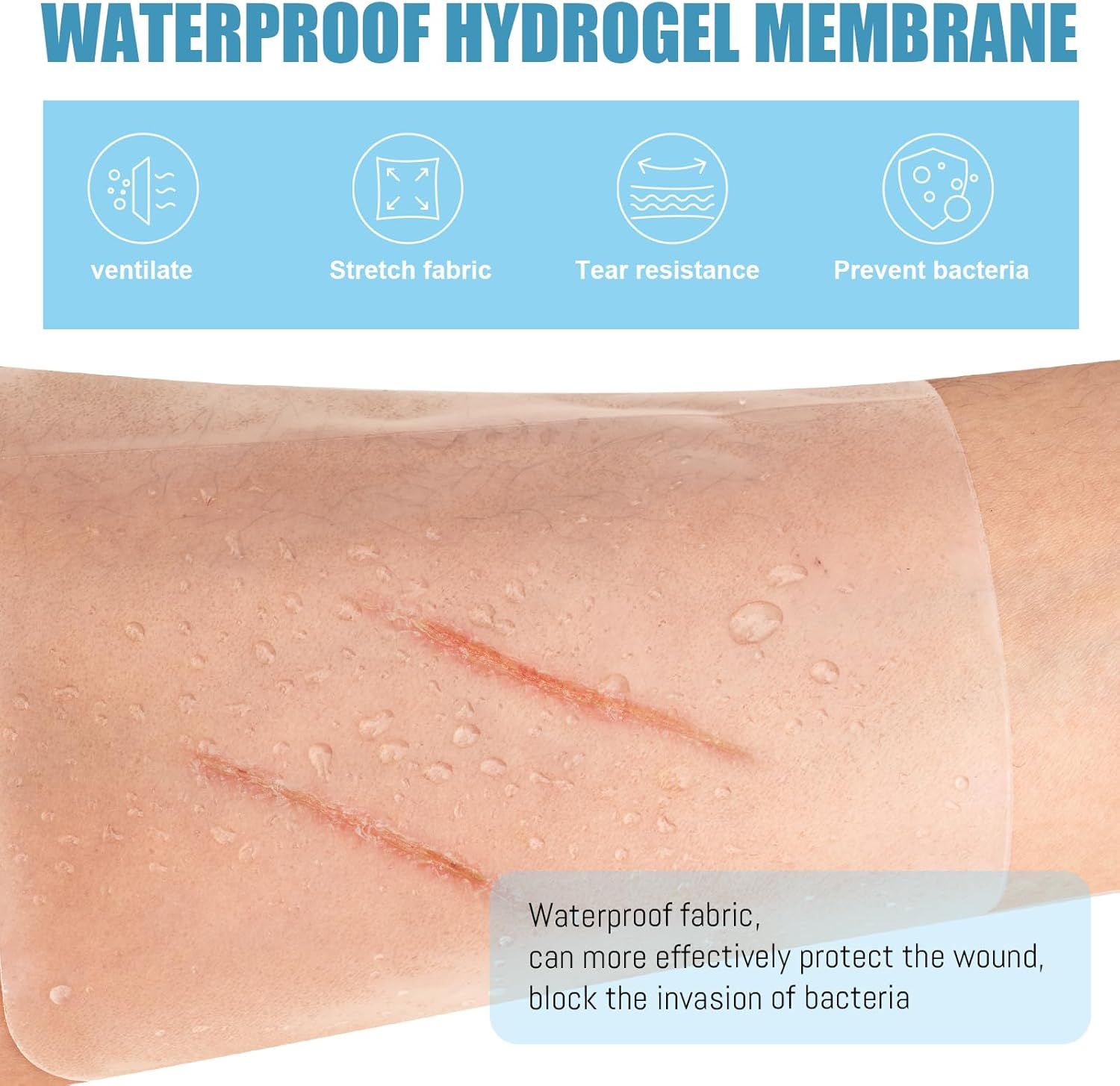 Membrane hydrogel imperméable. Montre les caractéristiques : respirant, extensible, résistant, antibactérien.