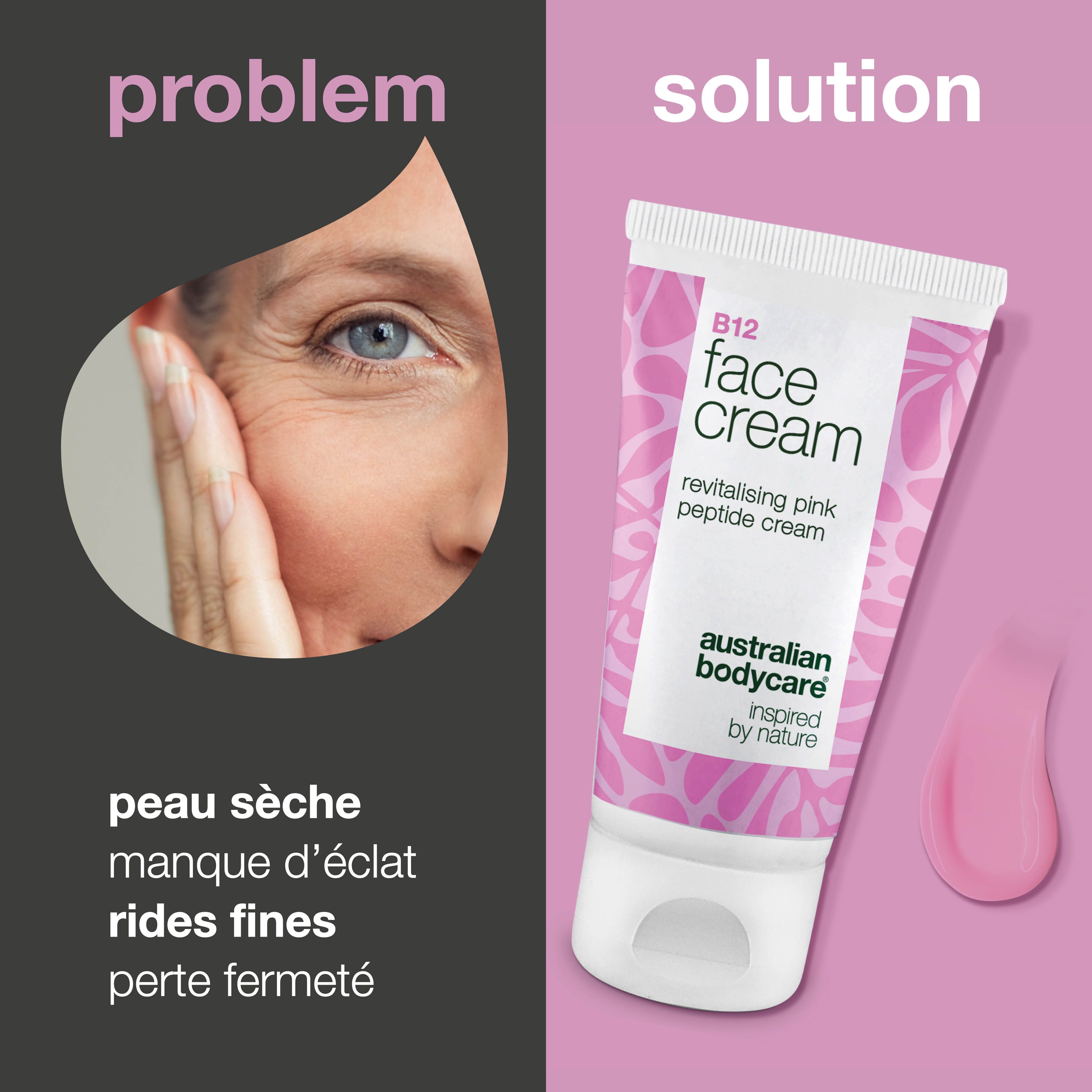 Visage d'une femme avec des rides. À côté, tube de crème visage B12. Inscription : Face Cream, Australian Bodycare. Tache rose.