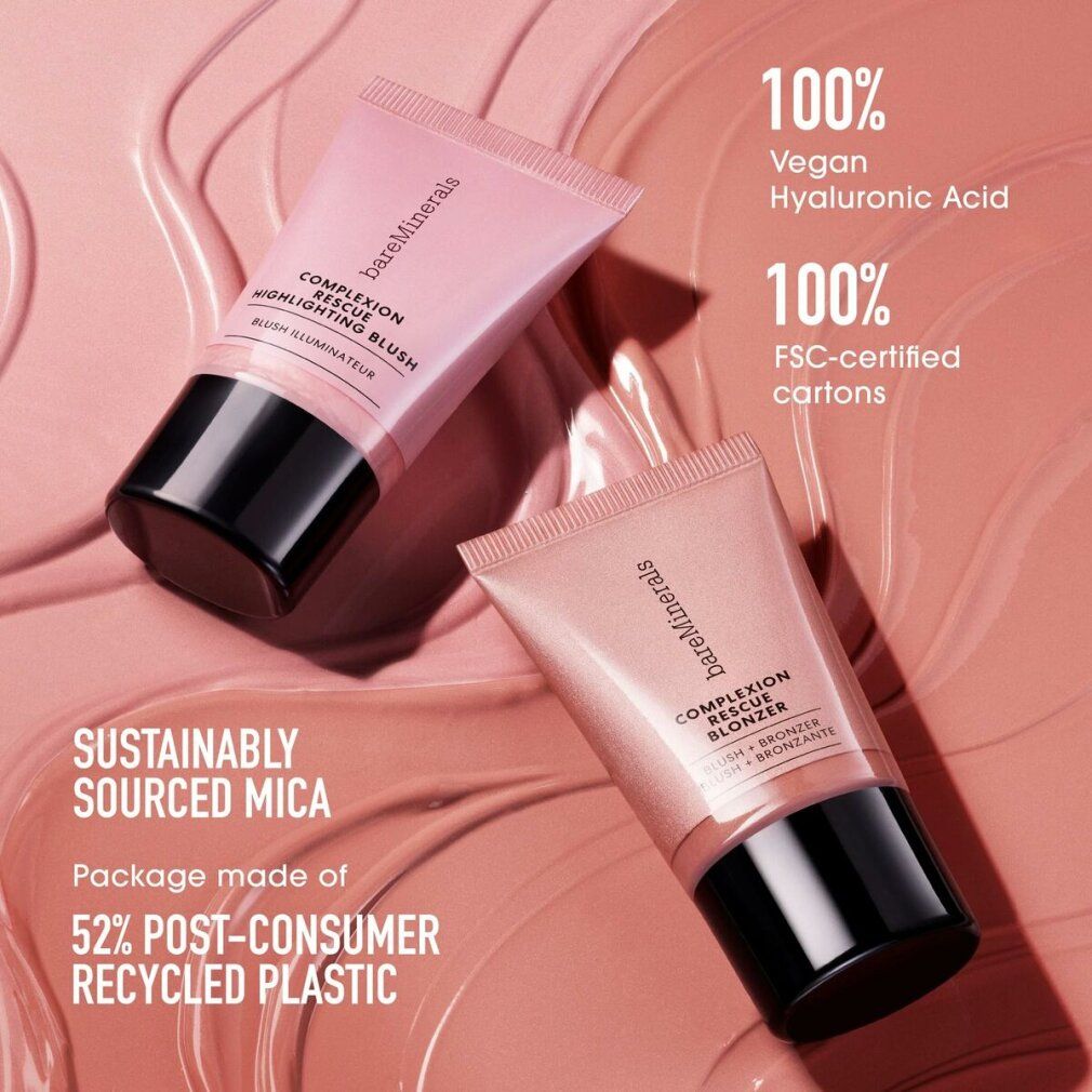 Deux tubes sur fond rose. Inscription: bareMinerals, COMPLEXION RESCUE. Texte: Mica d'origine durable, plastique recyclé.