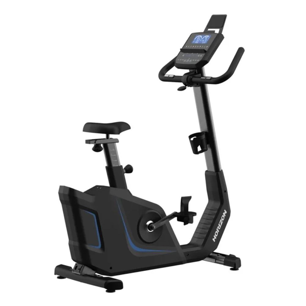 Ergomètre Horizon Fitness 5.0Ui noir. Avec écran, pédales, selle et porte-gobelet. Logo Horizon.