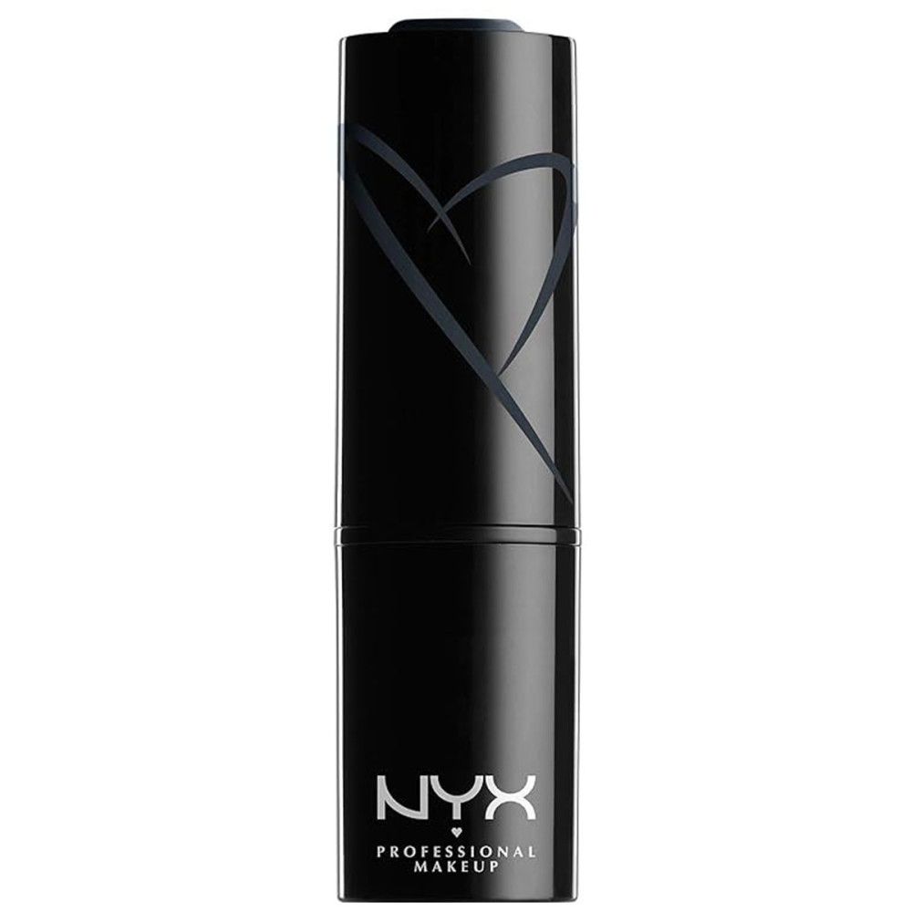 Étui de rouge à lèvres noir avec motif cœur. Marque : NYX Professional Makeup. Texte blanc.