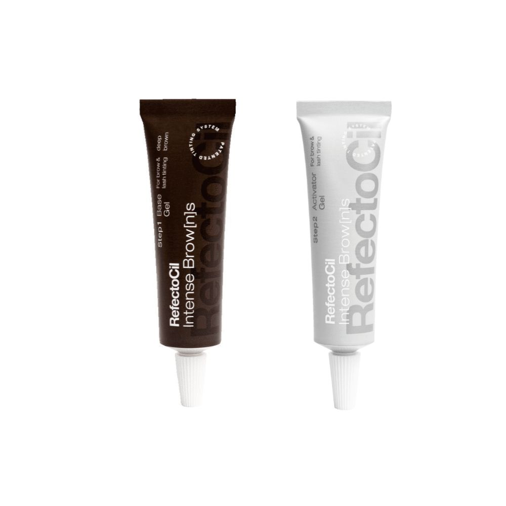 Twee tubes RefectoCil Intense Brow[n]s. Een bruine tube met "Base Gel", een grijze met "Activator Gel".
