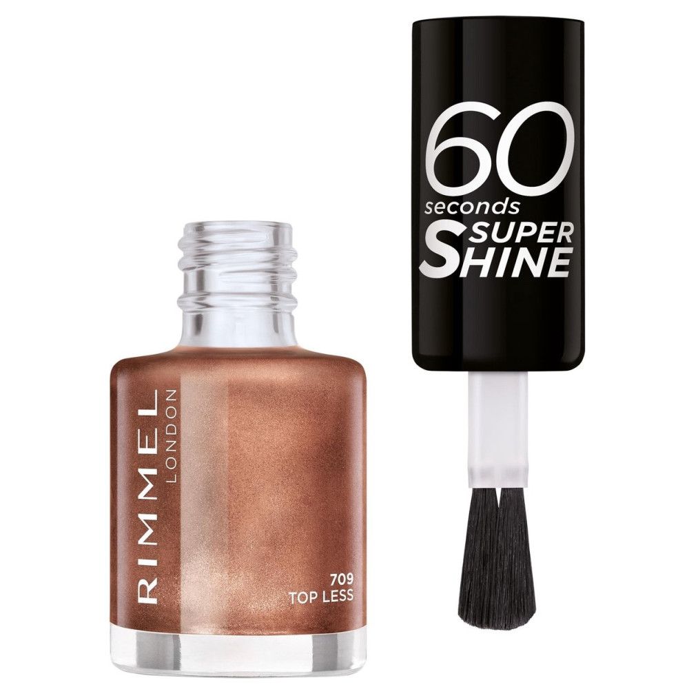 Nagellakfles en borstel. Fles met bruine lak, borstel met zwarte handgreep. Opschrift: Rimmel London, 60 Seconds Super Shine.