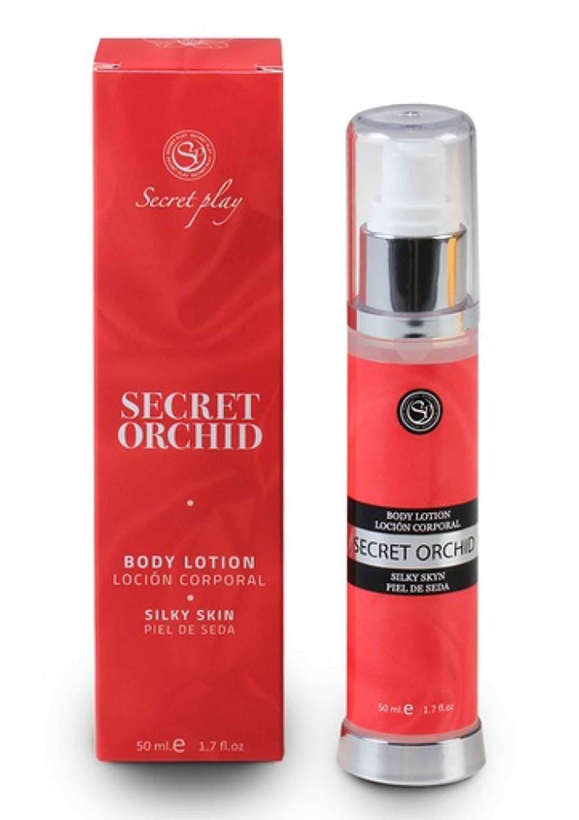 Secret Orchid Body Lotion flesje en verpakking. Rode verpakking met zilveren pompdop.