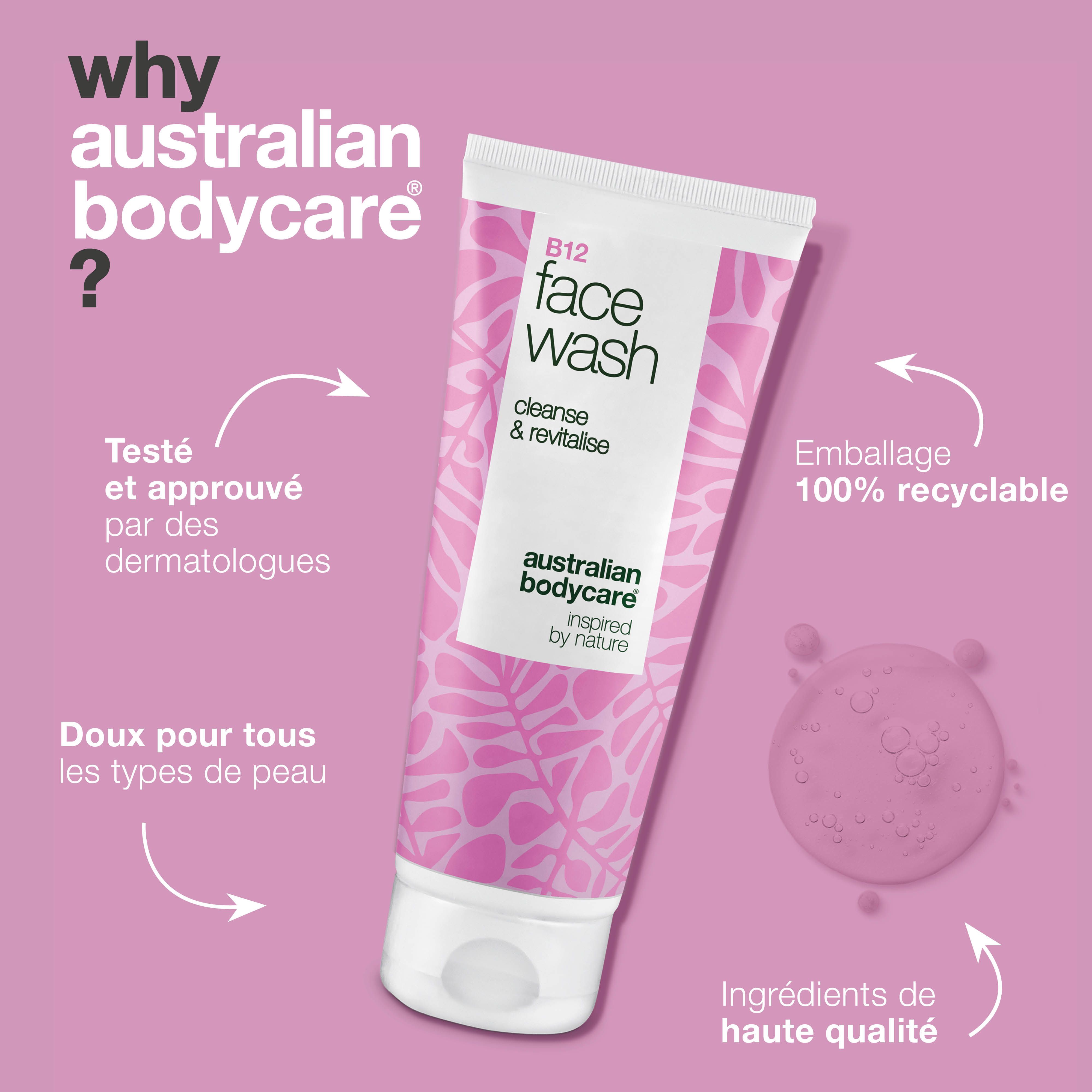 Tube de nettoyant visage avec texte et icônes. Inscription : B12 Face Wash, cleanse & revitalise, Australian Bodycare. 100% recyclable.