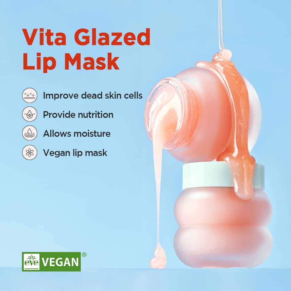 Produit coulant d'un pot. Texte : « Vita Glazed Lip Mask ». Label végétalien. Caractéristiques : amélioration des cellules cutanées.