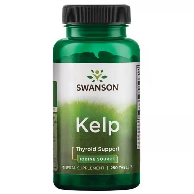 Groene fles met wit etiket. Opschrift: SWANSON Kelp, Thyroid Support, Iodine Source. 250 tabletten.