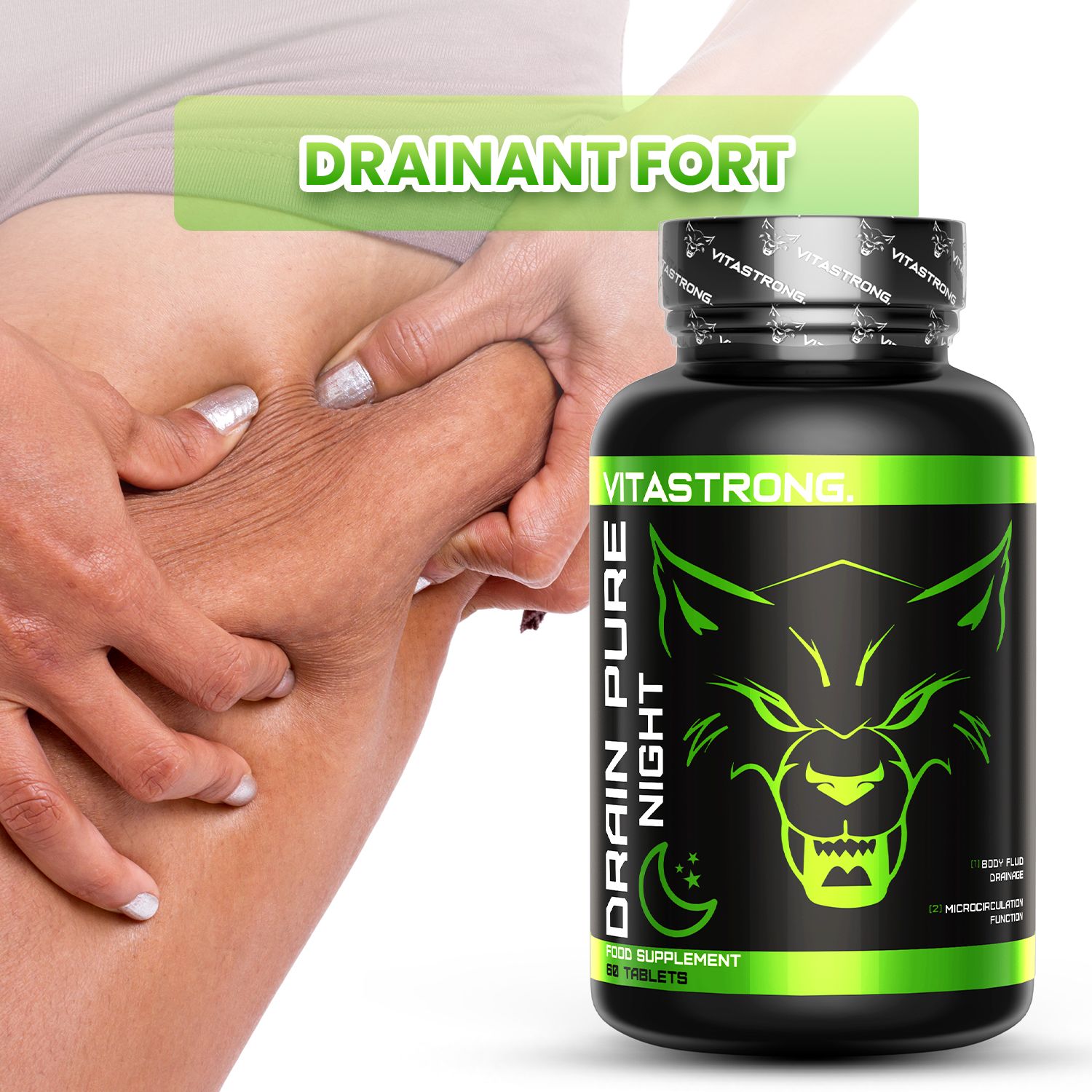 Vitastrong Drainpure Night. Fles met 60 tabletten. Tekst: Vermindert overtollig vocht. Bestrijdt cellulitis.