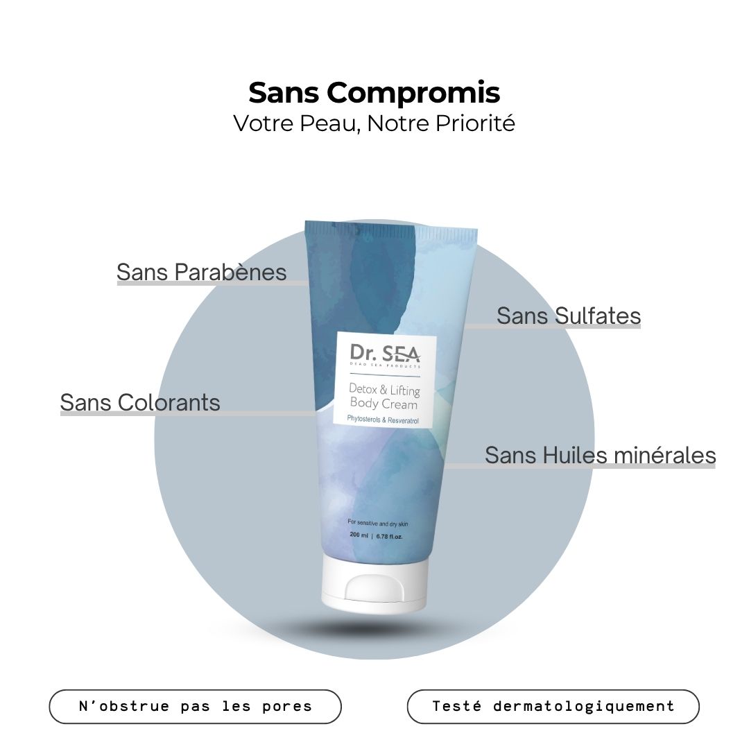 Tube de crème avec texte et illustrations. Texte: Sans Compromis. Ingrédients listés.