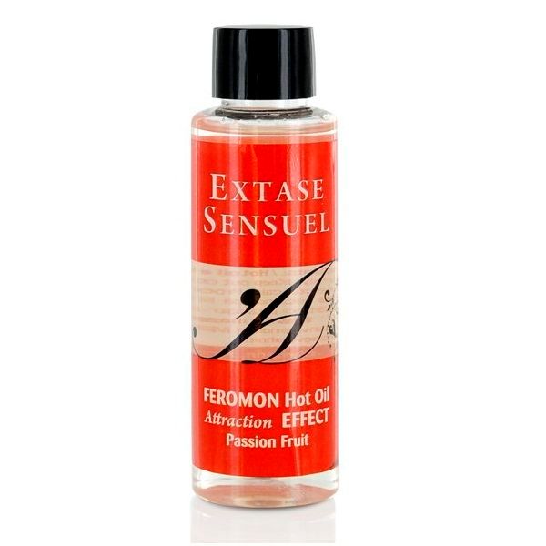 Bouteille d'huile de massage Extase Sensuel à effet chauffant, phéromones et parfum Fruit de la Passion.