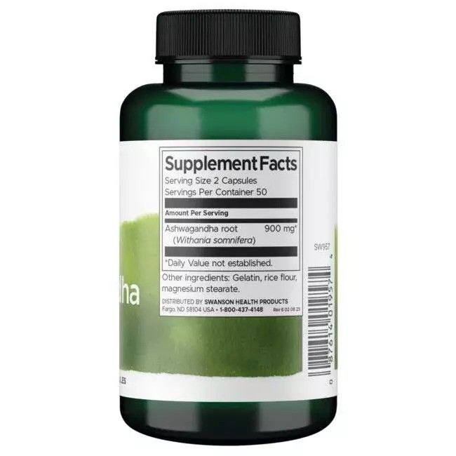 Arrière d'une bouteille de capsules d'Ashwagandha avec informations nutritionnelles et ingrédients.