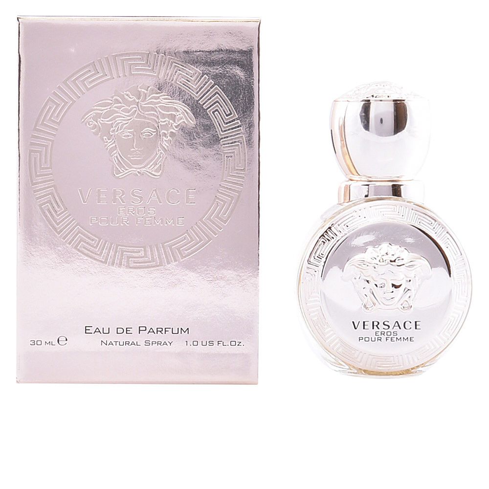 Flacon et emballage Versace Eros Pour Femme. Flacon et boîte argentés avec logo et inscription.