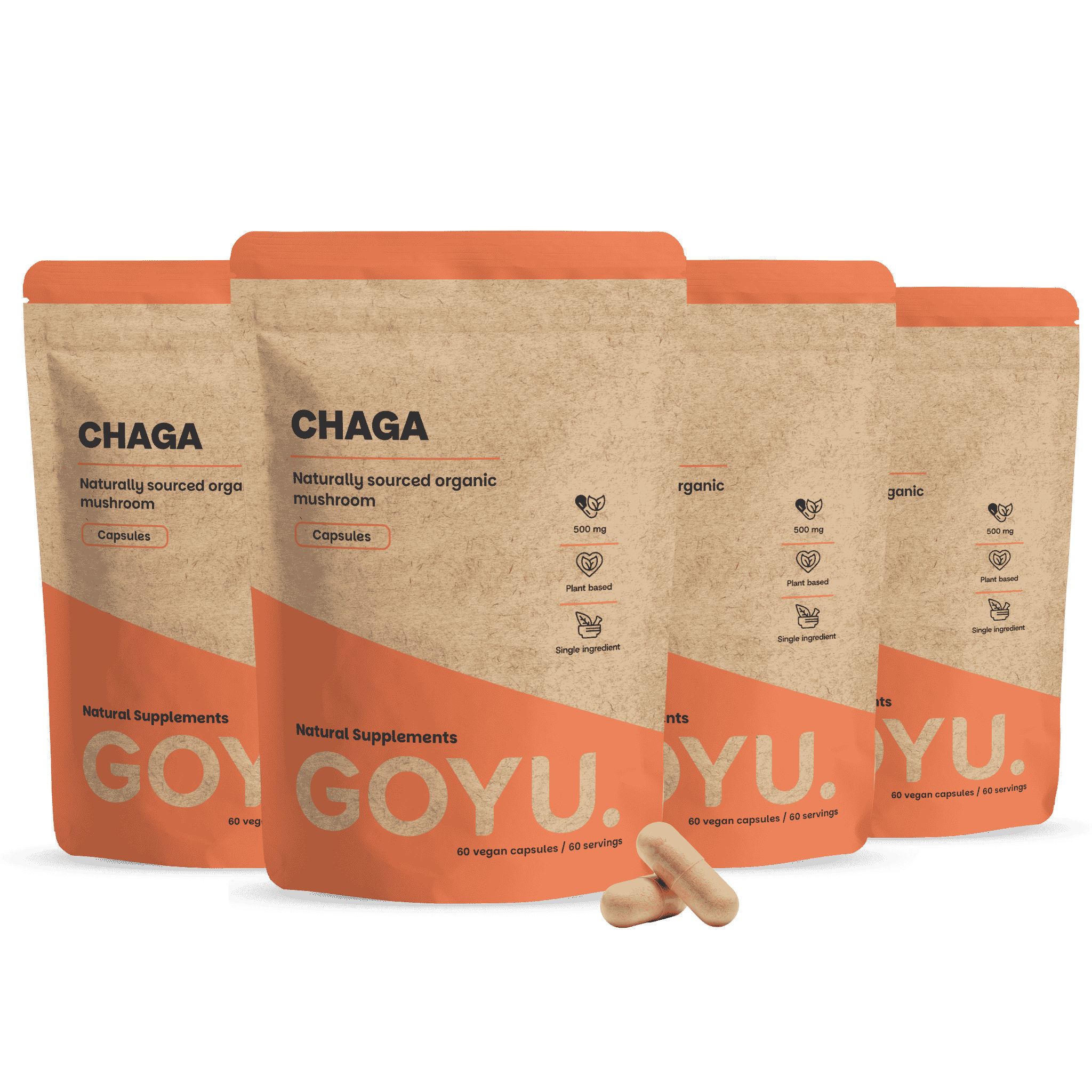 Quatre paquets de capsules de chaga GOYU, d'origine naturelle, bio.