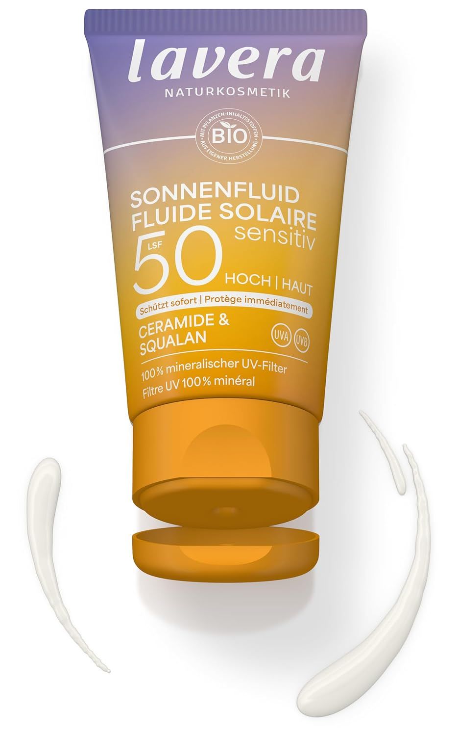 Zonnebrandcrème LSF 50 lavera. Tube met oranje dop. Productnaam, SPF 50 en ingrediënten zichtbaar.