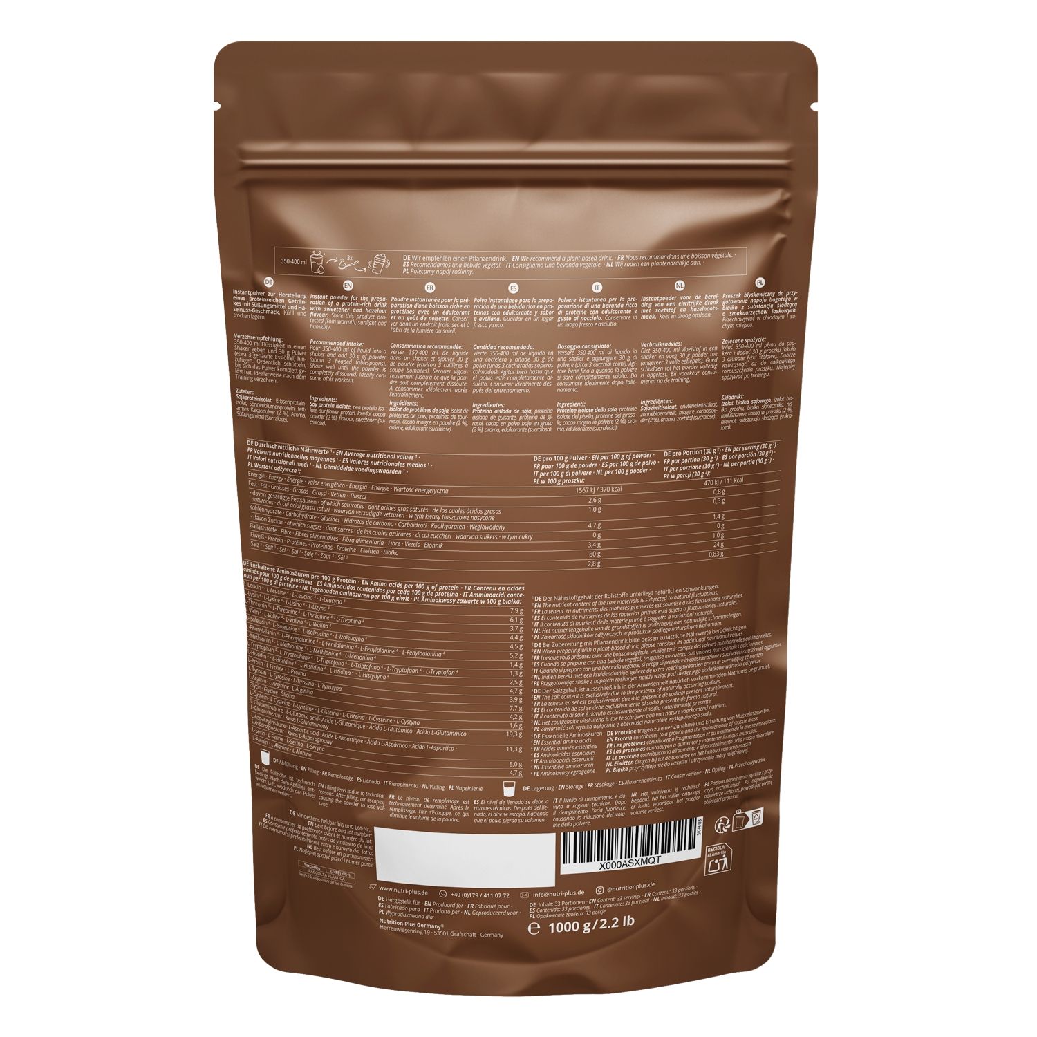 Achterkant van de bruine eiwitpoederzak. Tekst met voedingswaarde en ingrediënten. Barcode en gewicht.