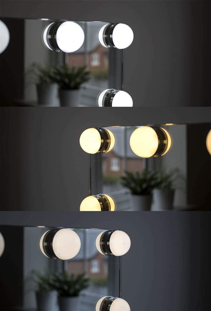 Gros plan sur les lumières d'un miroir de maquillage. Lumières rondes, surface du miroir, différentes couleurs de lumière.