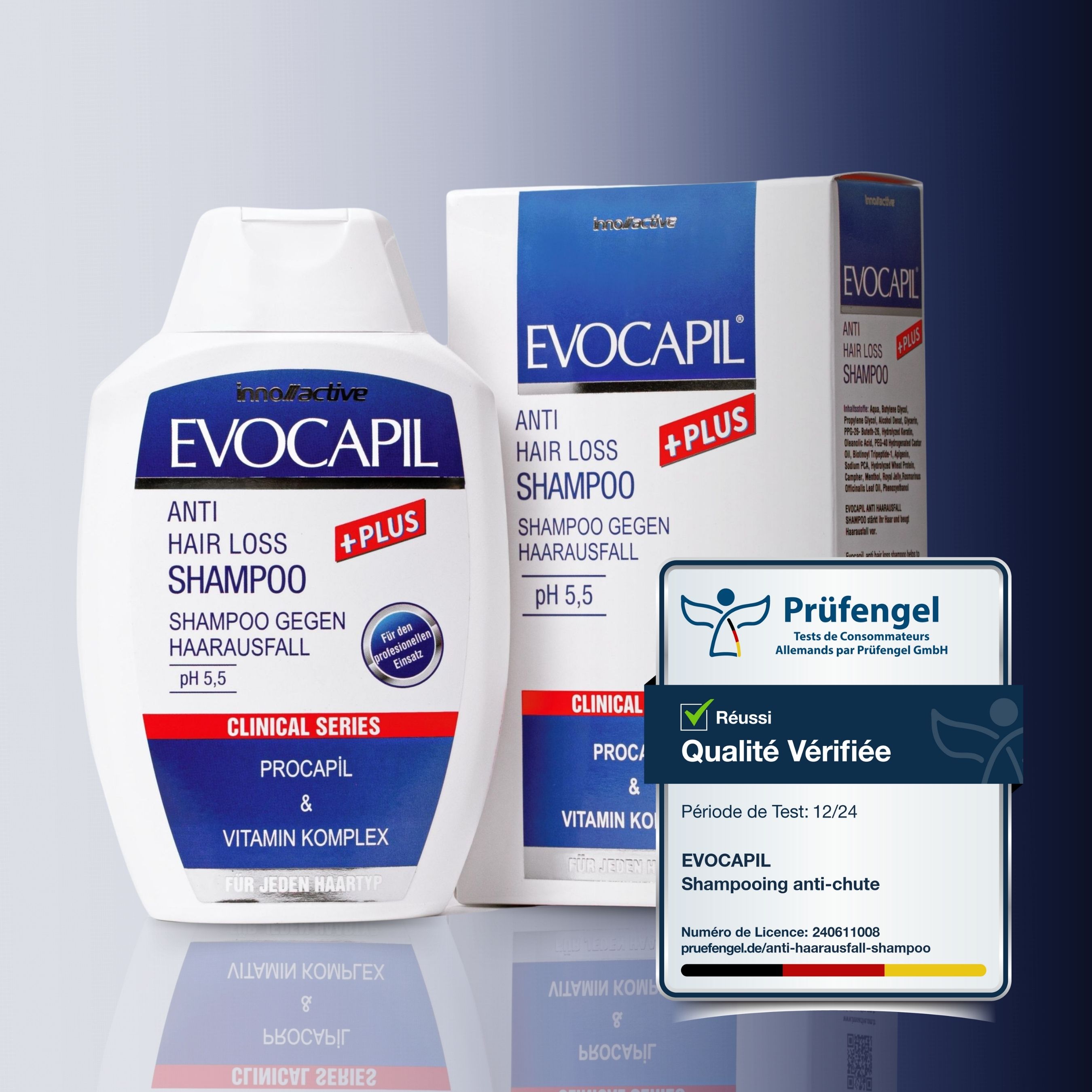 Evocapil Plus Shampoo, verpakking en keurmerk. Wit-blauwe verpakking. Keurmerk met tekst.