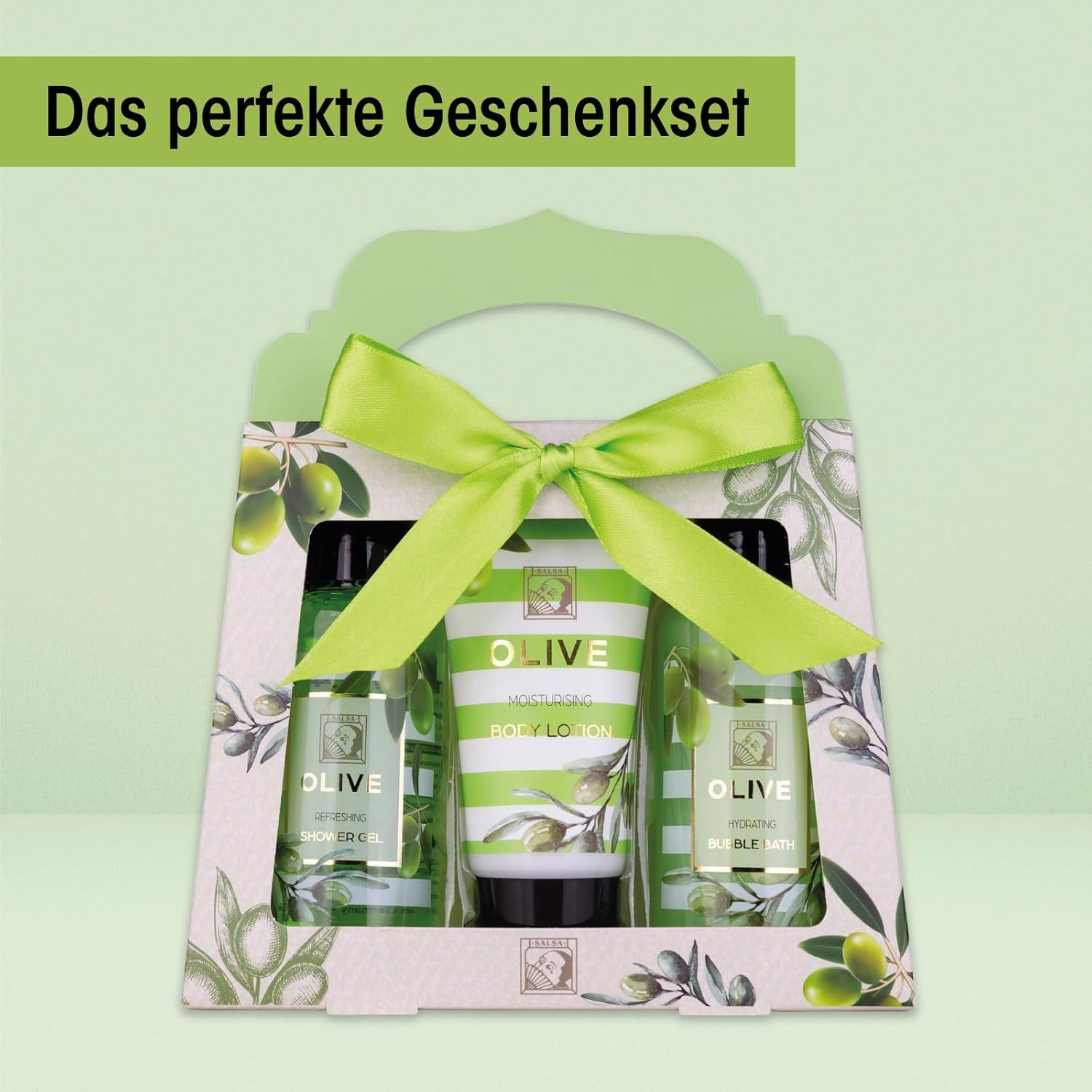 Coffret cadeau avec gel douche, lotion pour le corps et bain moussant. Emballage vert avec nœud et motif d'olives.