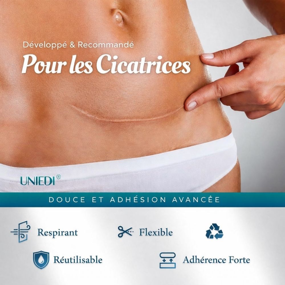 Images de différents types de cicatrices: chéloïde, césarienne, post-opératoire, abdominoplastie, hypertrophique, vergetures.