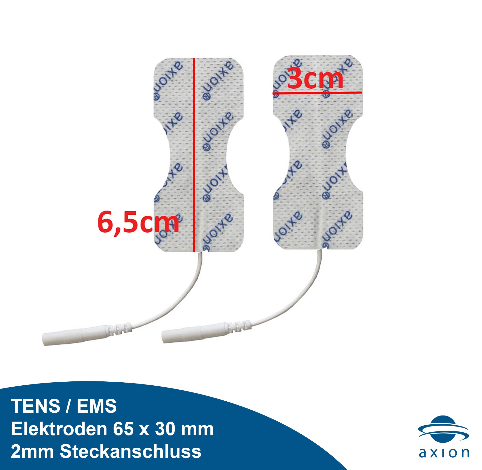 Twee axion elektrodenpads. Rechthoekige vorm met afgeronde hoeken. Afmetingen: 6,5 x 3 cm. Witte oppervlakte met axion-logo. Kabels met stekker.