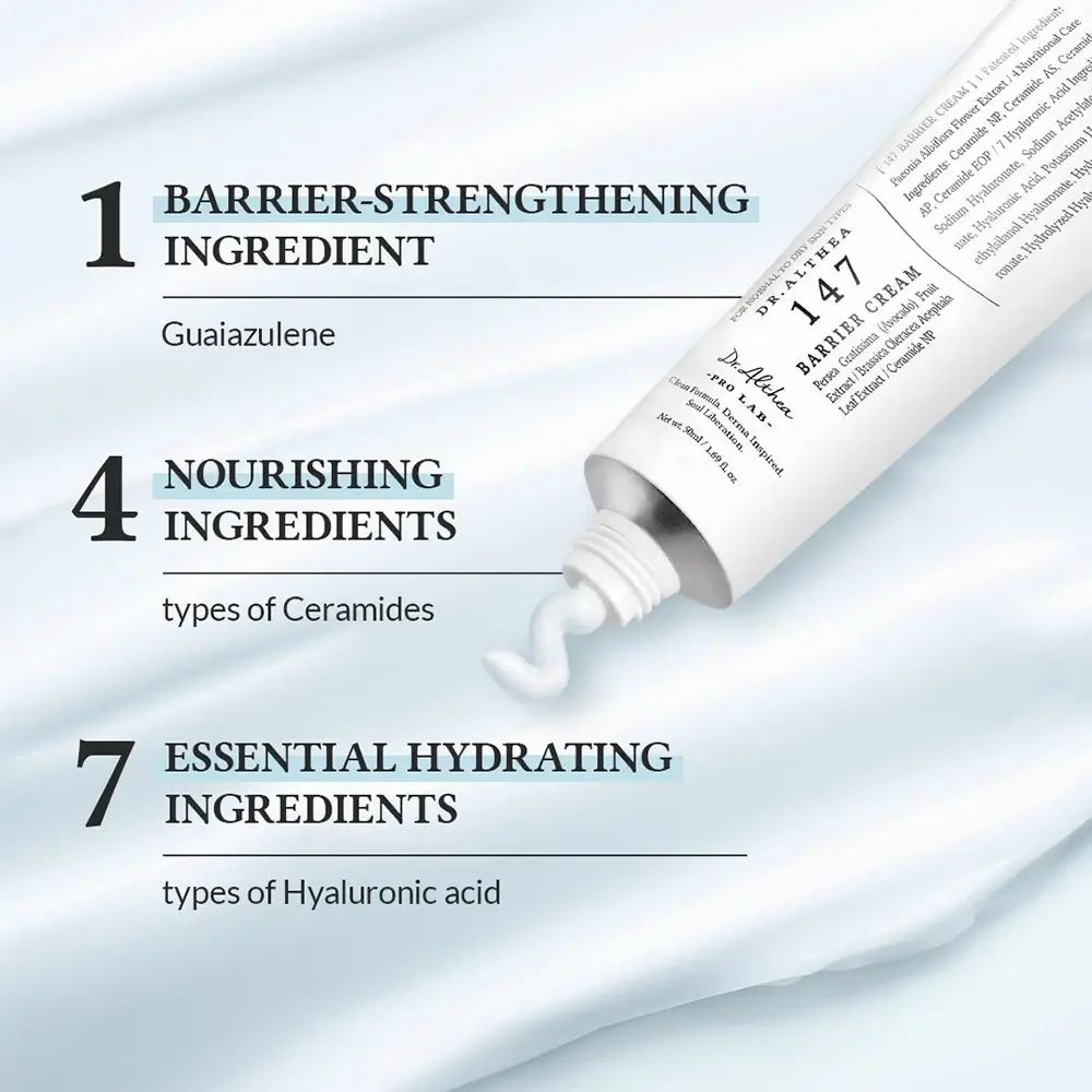 Tube de produit avec ingrédients. 1 ingrédient renforçant la barrière. 4 ingrédients nourrissants. 7 ingrédients hydratants.