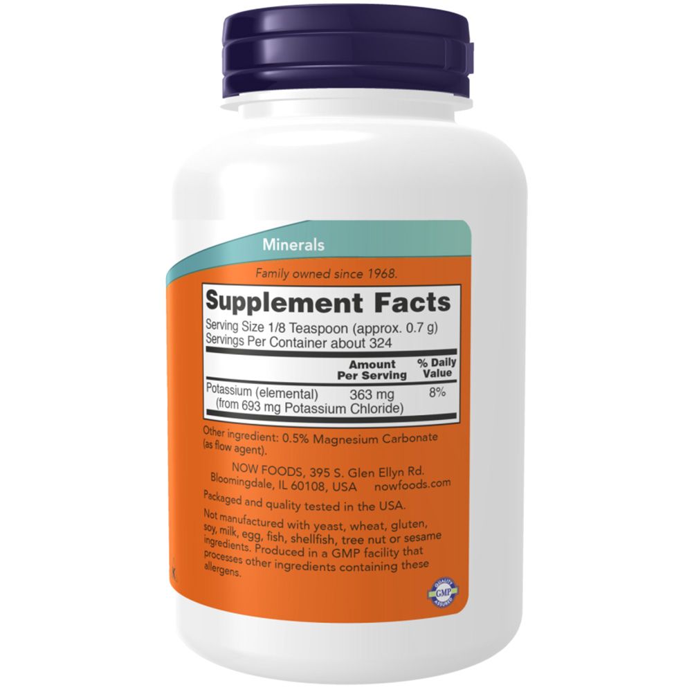 Achterkant van de pot. Opschrift: Supplement Facts, Potassium (elementair) 363 mg, van 693 mg kaliumchloride. Bevat allergenen.