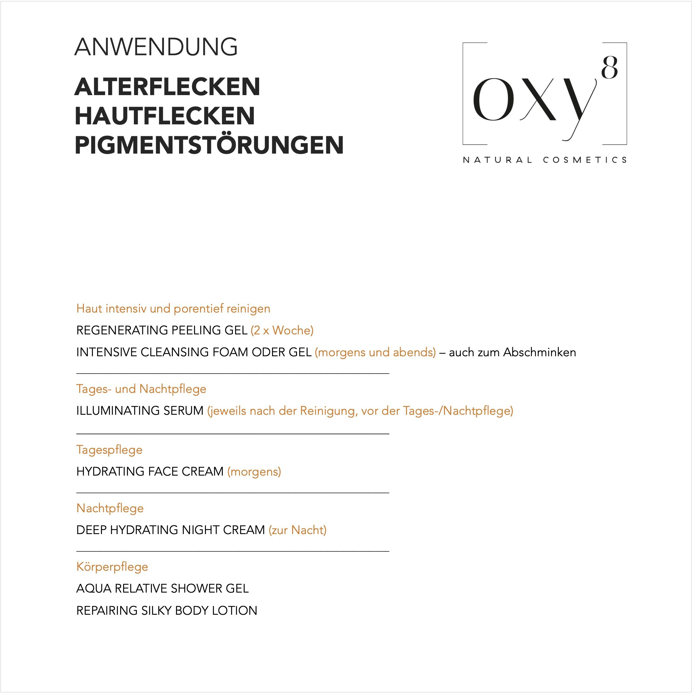 Tekst op witte achtergrond. Kop: Toepassing. Trefwoorden: Ouderdomsvlekken, huidvlekken, pigmentstoornissen. Productlijst.
