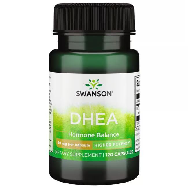 Groene fles met zwarte dop. Opschrift: SWANSON DHEA, 50 mg per capsule, 120 capsules. Hormoonbalans.