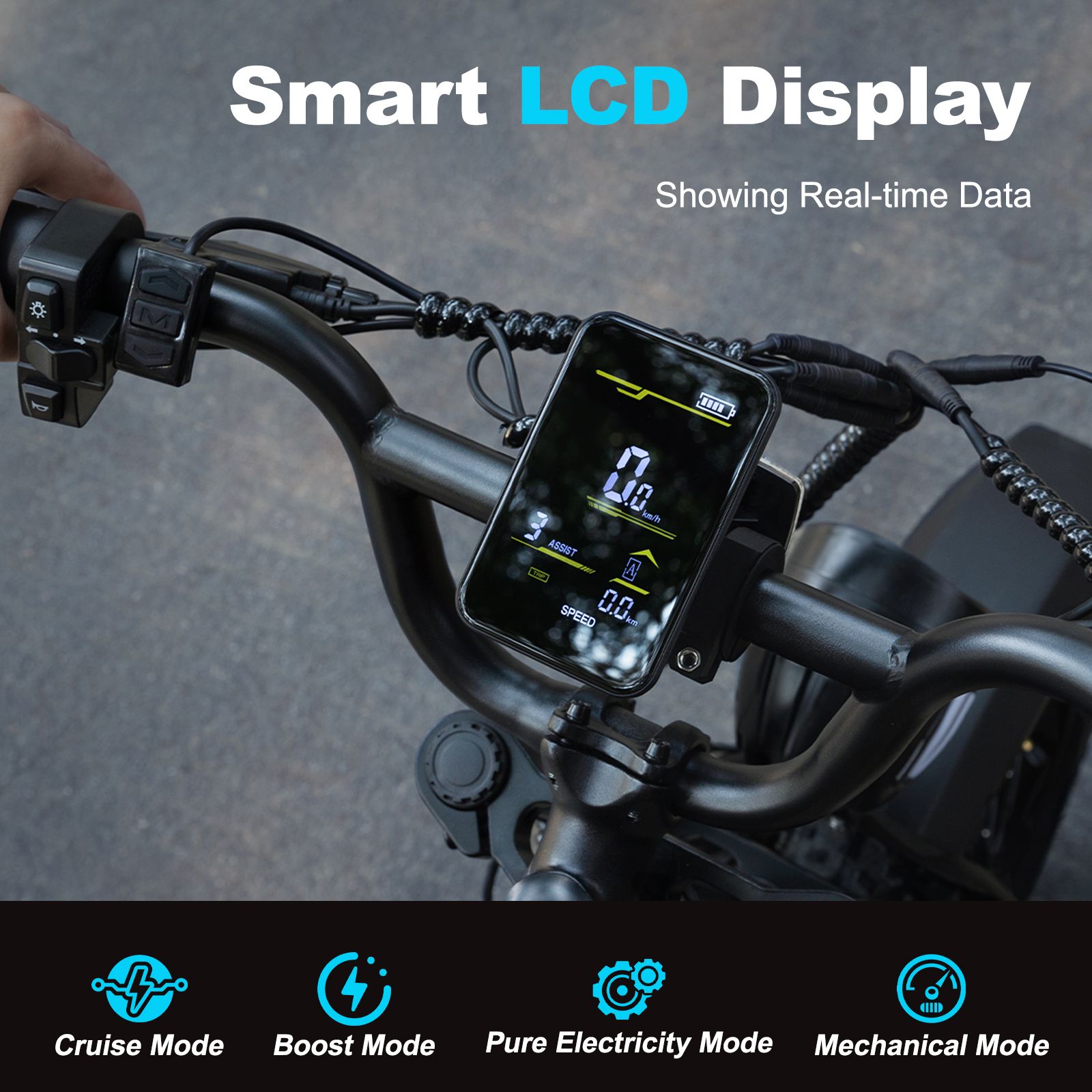 E-bike stuur met Smart LCD Display. Toont real-time data. Modi: Cruise, Boost, Pure Electricity, Mechanical.