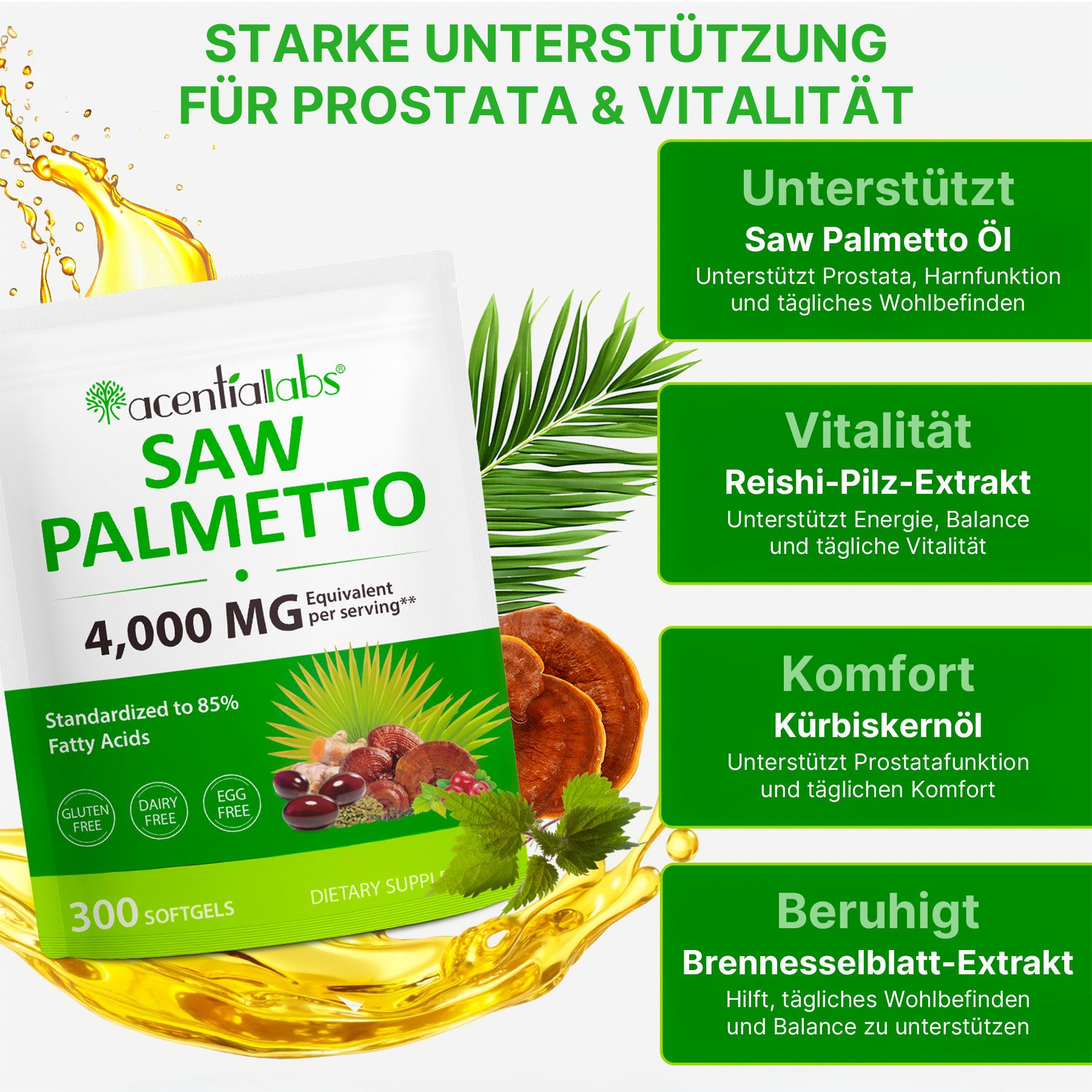 Acentiallabs Capsules molles à haute dose d'extrait de palmier nain et d'huile de pépins de courge