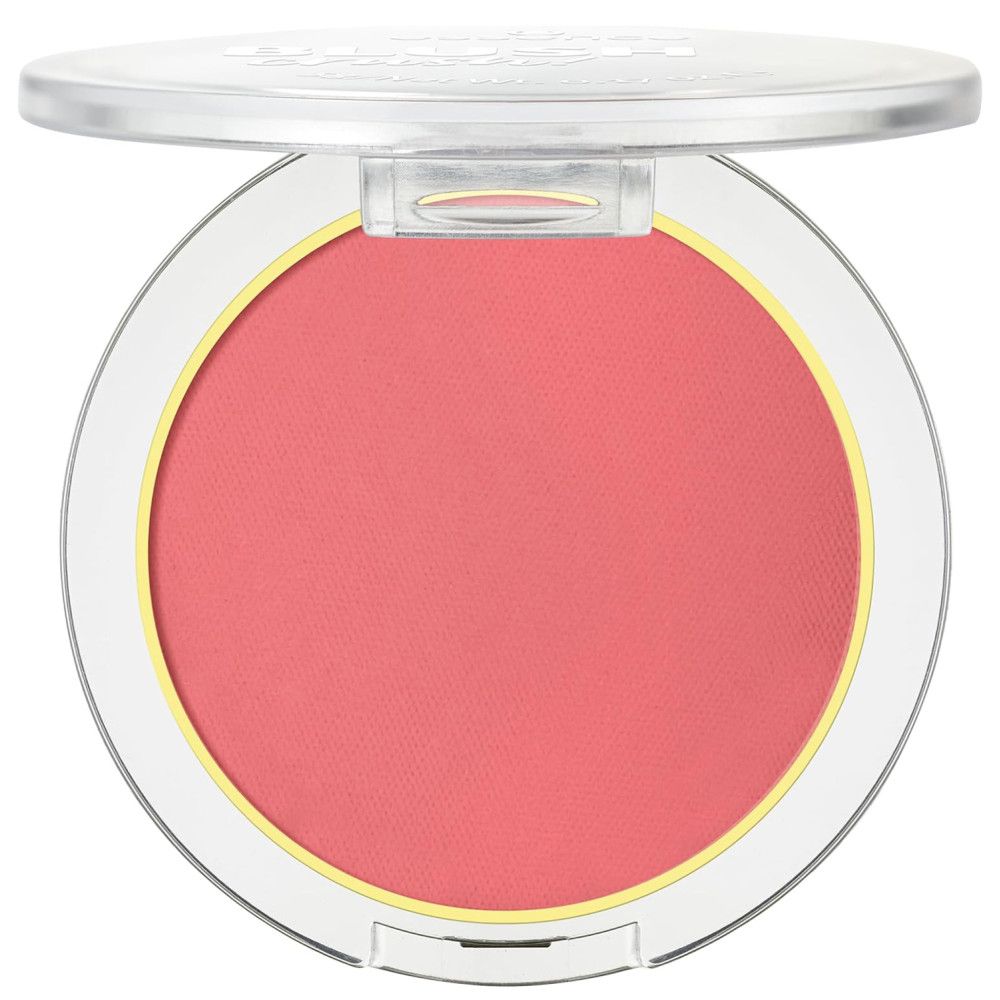 Roze blushpoeder in een open transparante verpakking. Gele rand.