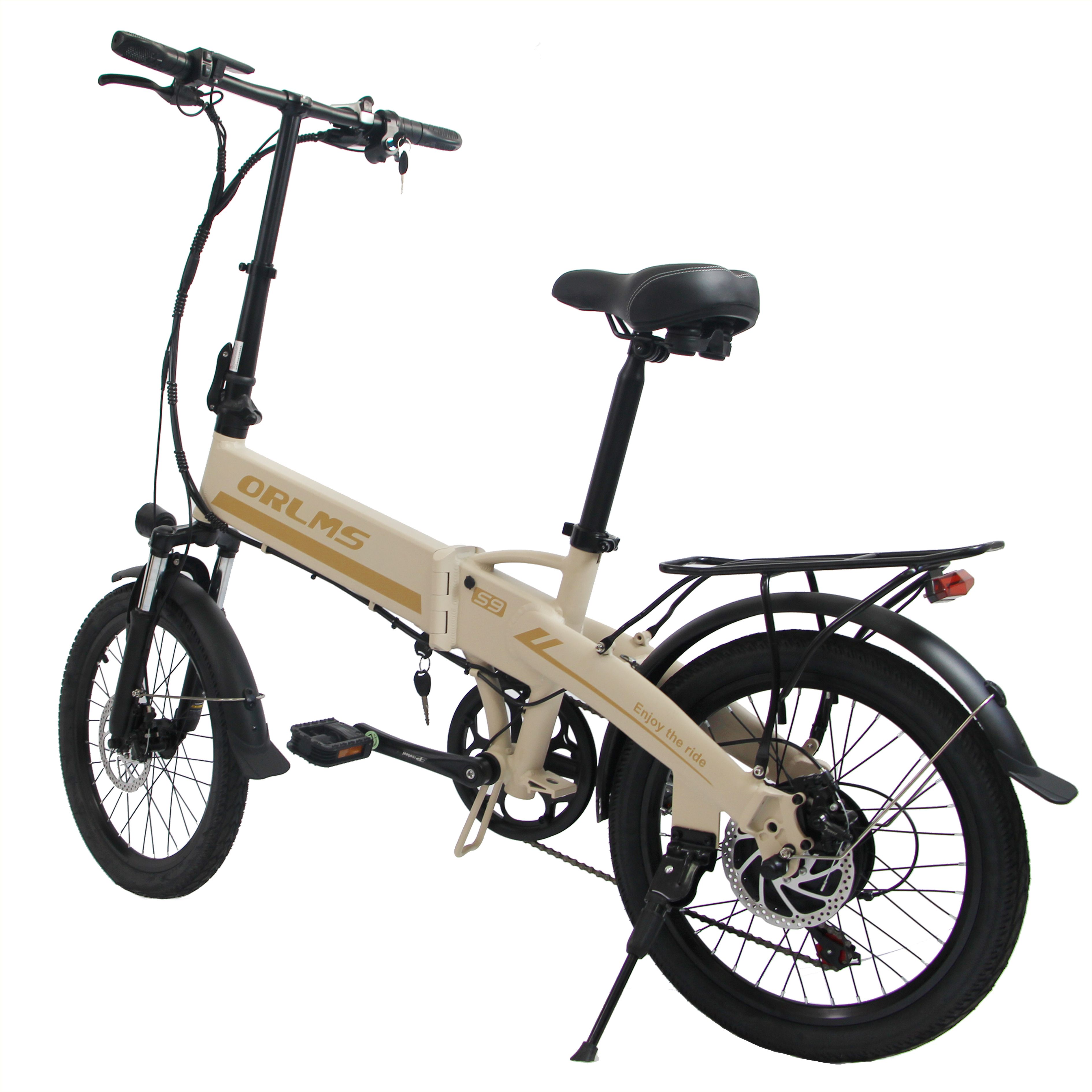 Opvouwbare e-bike, beige-zwart. ORLMS S9-opschrift. Bagagedrager, spatborden, zadel. 20-inch wielen. Standaard.