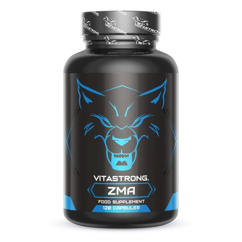 Zwarte fles met blauwe wolfsgrafiek. Bevat 120 capsules. Opschrift: Vitastrong ZMA, voedingssupplement.